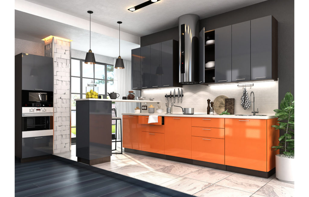 Оранжевую кухню можно сделать из различных материалов