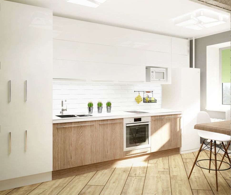Кухня с деревянным низом и белым верхом