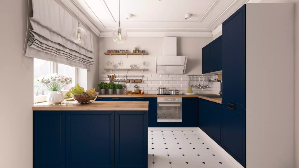 Синяя кухня смотрится очень стильно и благородно