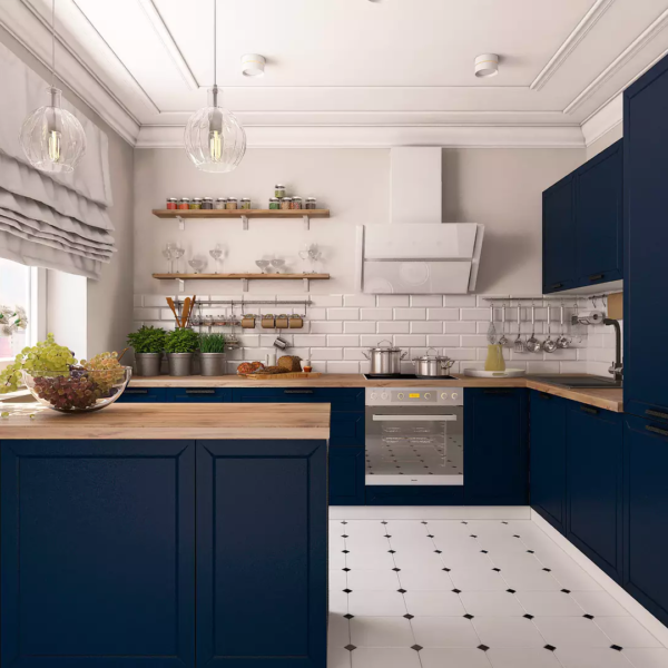Синяя кухня смотрится очень стильно и благородно